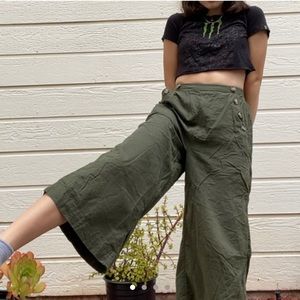 flowy boho army green crop button culotte pants